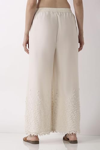 BIBA Women Off White Cotton Flared Palazzos_S