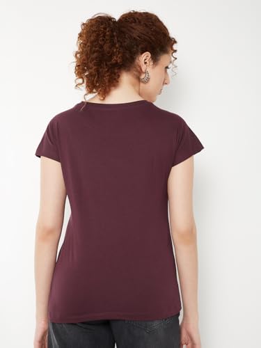 Max Women Embroidered Panel T-Shirt (Burgundy_M)