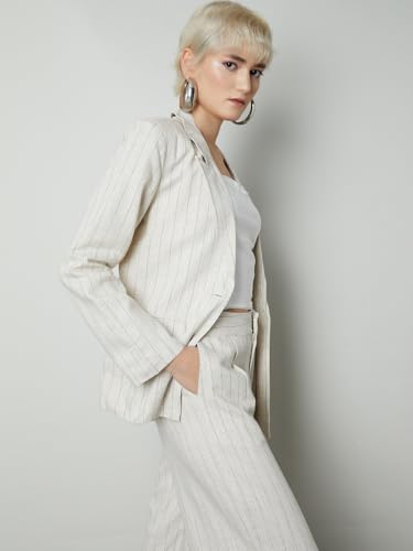 Max Women Striped Regular Fit Blazer (Beige_S)