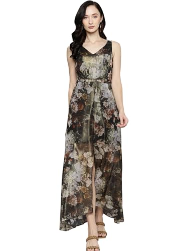 SASSAFRAS Green Floral Chiffon V-Neck Belted Maxi