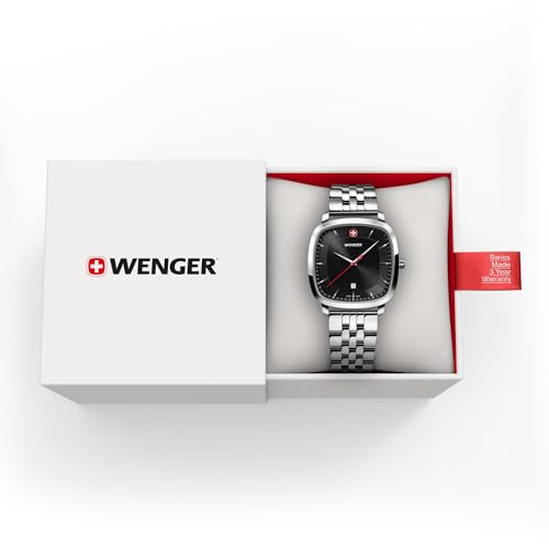 WENGER Vintage Classic | Swiss-Made Analog Men's Wrist Watch, Squircle Case, Black Dial, 37mm, 50M Water Resistant | Stainless Steel Strap | 01.1921.102