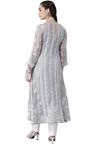 Ada Traditional Chikan Embroidery Angrakha Style Grey Georgette Kurti Kurta with Slip for Women & Girls A411262 (XS)