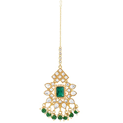 Peora Gold Plated Green Kundan Dangling Pearls Necklace Earring MaangTikka Jewellery Set for Women