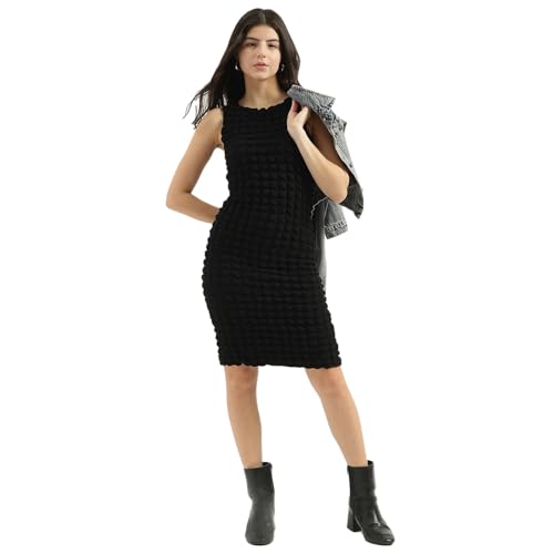 United Colors of Benetton Round Neck Textured Bodycon Dress (Size: M)-25P3P39W3875I100 Black
