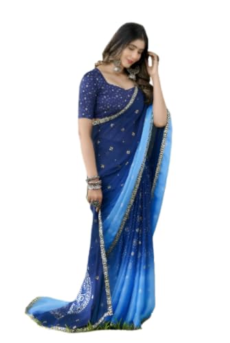 Women's chiffon Print Saree with Blouse Piece, Blue Ombre