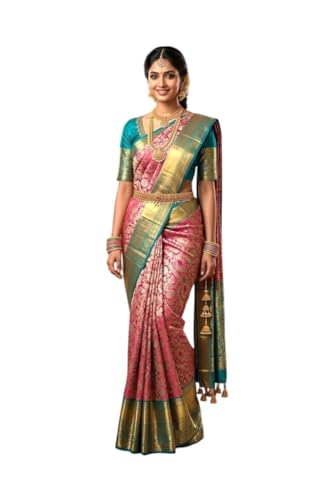 VFCollections Women's Traditional Handloom Kanchipuram Silk Pure Pattu Sarees | Rich Zari Woven Design | Bridal Saree | Unstitched Blouse (VFC670-1)