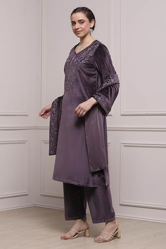 Biba Women Lavender Polyester Straight Dyed Suit Set_32