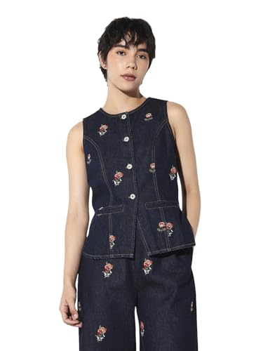 ONLY Women's Embroidered Regular Fit Blue Waistcoat