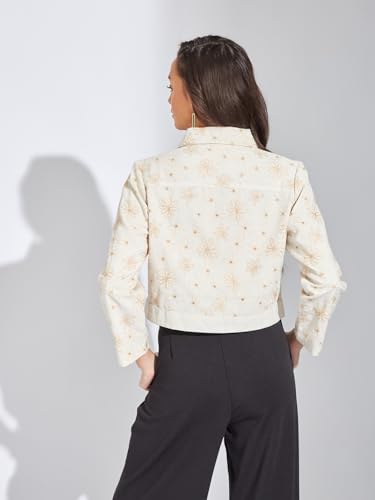 Latin Quarters Women Beige Embroidery Collar Neck Full Sleeves Casual Jacket_XL