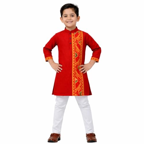 PEKABU Kurta Pajama for Kids Boys – Jamdani Border Kurta with Elastic Waist Pyjama Set, 1-12 Years (Red, 6-7 Years)