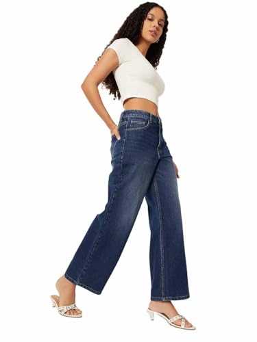 Max Women Washed Wide Leg Jeans(Blue_34)