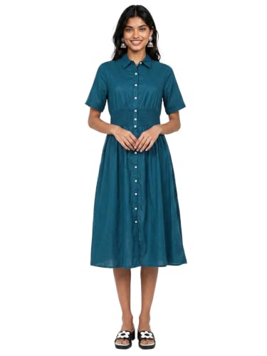 Max Women Solid Smocked Shirt Dress (Teal_XS)