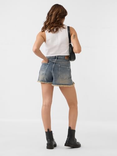 The Souled Store Denim Shorts: Mid Blue Women and Girls Buttoned Solid Distressed Mini Above The Knee Denim Shorts