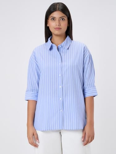 Pepe Jeans Blue Striped Women Three-Quarter Sleeves Shirt