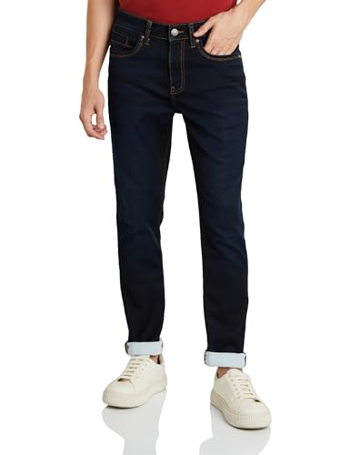 Symbol Premium Men's Slim Fit Stretchable Mid Rise Jeans | Casual Denim | Cotton Stretch | Fashion Shades of Black & Blue (Available in Plus Size) (SP-S24-M-DNM-102_Dark Indigo_44)