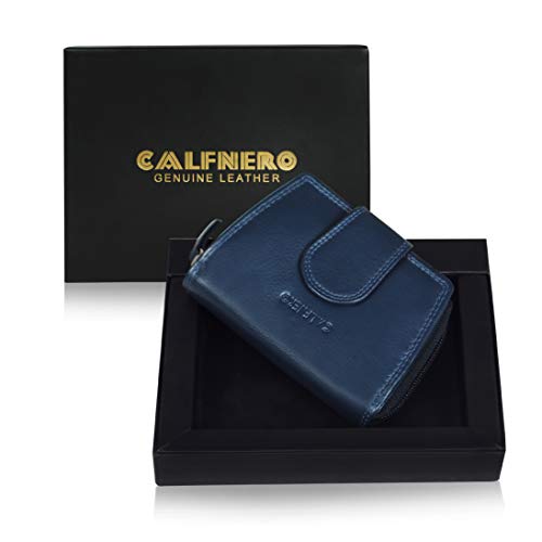 Calfnero Women's Genuine Leather Clutch Wallet-Leather Wallet with Zip Pocket and Note Compartment-Navy Leather Wallet for Women