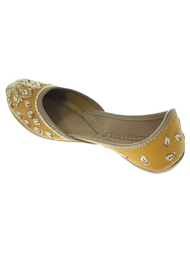 Fulkari Women's Mayur Velvet Skin Gold Toned Soft Leather Embroidered Jutis | Bite and Pinch Free Jutti | Punjabi Formal Juttis | Girl's Wedding Flat Ladies Mojari | Formal Ethnic Juti | 41