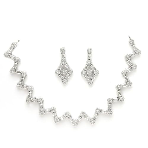 ZENEME Rhodium-Plated American Diamond Studded Trendy Necklace With Earrings Jewellery Set For Girls and Women (White)