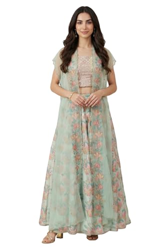 Wishful Women's Sea Green Embroidered Blouse with Printed Flared Skirt and Embroidered Jacket Set - (SP13601-225005-XL)