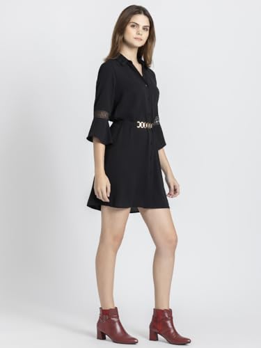 SHAYE Black Party 3/4th Sleeves Shirt Collar Solid Mini Dress for Women
