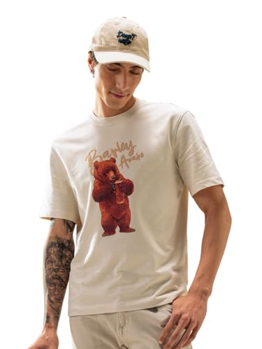 THE BEAR HOUSE Men Cotton Graphic Printed Tshirt Beige