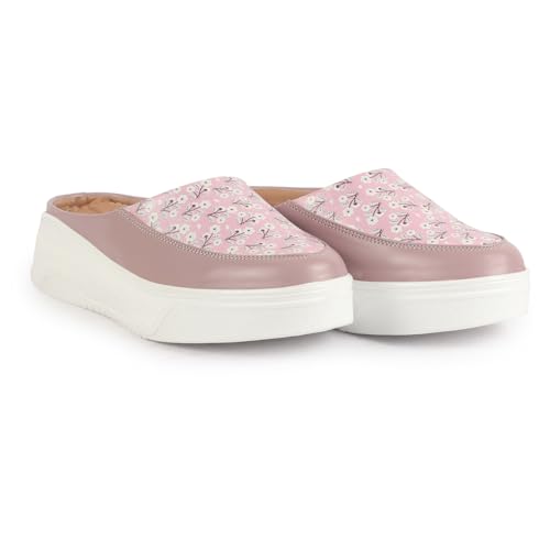 FAUSTO FST FJDWC-7020 PEACH-38 Women's Peach Stiched Floral Print Back Open Height Enhancer Flatform Heel Slip On Casual Shoes (5 UK)