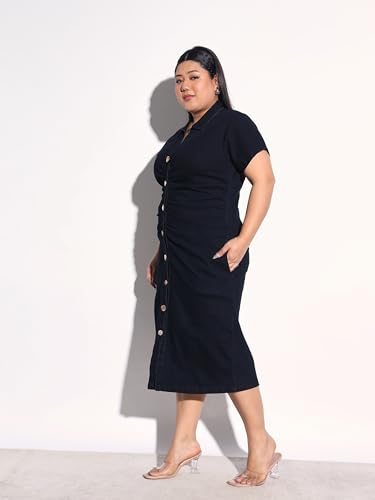 Sassafras Curve Women Black Blast Denim Front Ruching Bodycon Dress-6XL