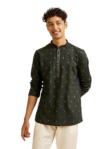 Manyavar Men's Cotton Printed Short Kurta (Green,L)