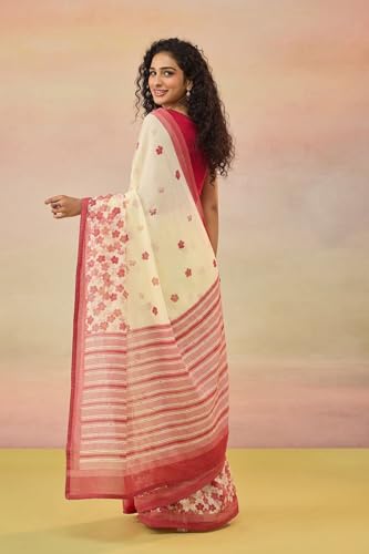 Taneira Women Light Yellow Cotton Mulmul Bengal Screen Print Saree with Unstitched Blouse (SAIP01AD4408 - Light Yellow)