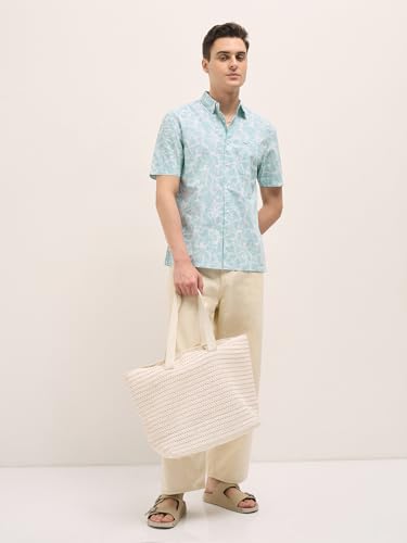 THE BEAR HOUSE Men's Green Relaxed Fit Cotton Half Sleeve Shirt