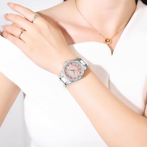 NIBOSI Watch for Woman Analog Quartz Rose Gold Stainless Steel Band Luxury Ladies Watch Stylish Diamond Rotating Pink Dial Wrist Watches Waterproof (Silver Pink)