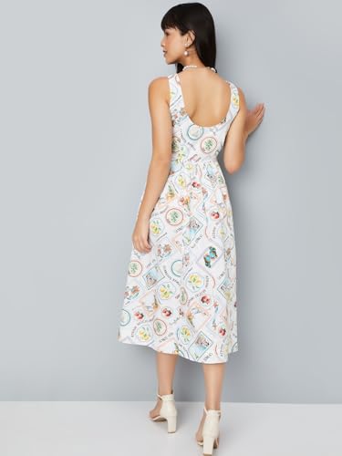 Max Women Printed Fit & Flare Midi Dress(Off White_M)