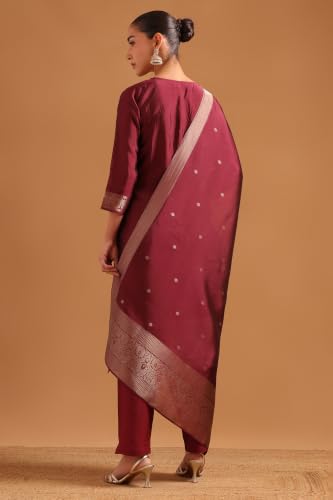 Soch Womens Wine Organza Botanical Zari Woven Hand Embroidered Salwar Suit