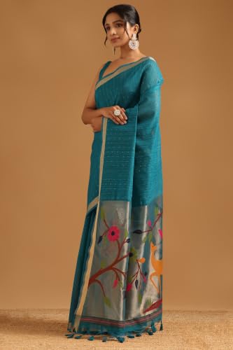 Soch Womens Turquoise Blue Tissue Botanical Zari Woven Saree