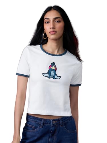 The Souled Store Winnie The Pooh: Eeyore Women and Girls Short Sleeves Round Neck White Embroidered Cotton Regular Fit Lightweight Everyday Streetwear Crop T-Shirt