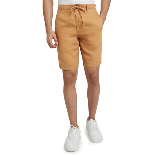 Raymond Men's Solid Pattern Slim Fit Pure Linen Flat Front Casual Shorts (Size: 40)-RCHE00139-Y6 Dark Yellow