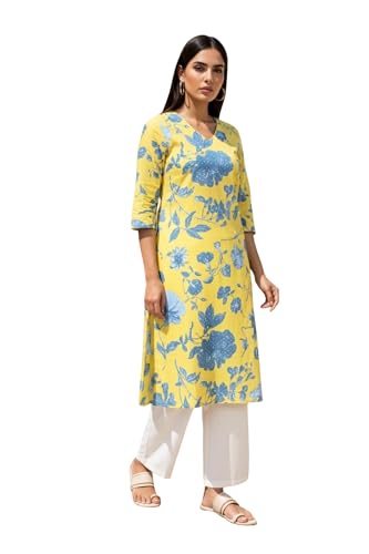 W for Woman Yellow Floral Printed Straight Cotton Kurta (W13510-127083-XL)