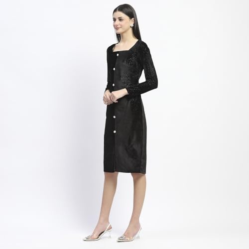 Madame Square Neck Buttoned Black Bodycon Dress for Women