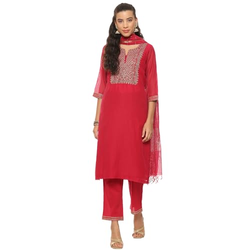 BIBA Women Polycotton EMBROIDRED Straight SALWAR KURTA DUPATTA(SKDASSORTED8907_FUCHSIA_36)