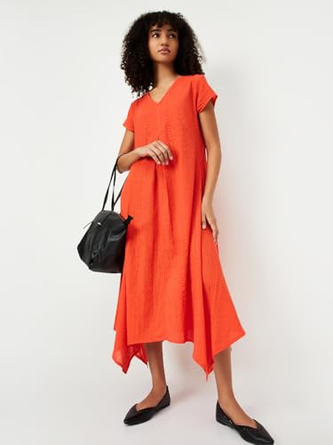Max Kalki x Max Women Textured Asymmetric Dress (Orange_S)