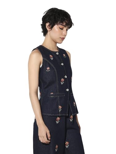 ONLY Women's Embroidered Regular Fit Blue Waistcoat