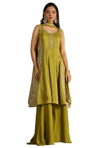 Soch Womens Green Tissue Zari Woven Suit Set With Mirror Work