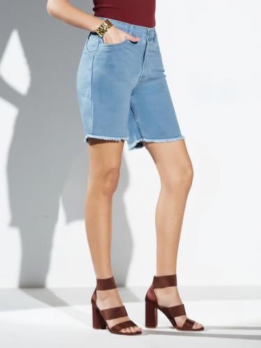 Miss Chase Women's White Regular High Rise Clean Look Regular Stretchable Denim Shorts (MCAW26DEN29-91-350-32, Baby Blue, 32)