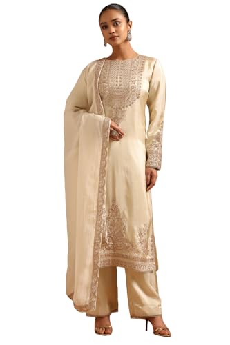 Soch Womens Beige Tissue Ethnic Motifs Salwar Suit With Sequins