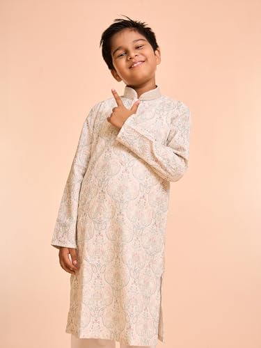 Manyavar Boys Cotton Blend Paisley Printed|Embroidery Kurta Pyjama Set (Pista Green,10-12Y)