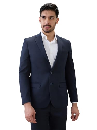 Raymond Men Contemporary Fit Solid Pattern Poly Viscose Blend Notch Lapel Full Sleeve Formal Suit Blue