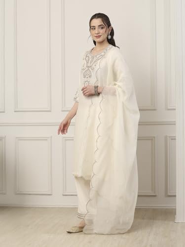 BIBA Women White Silk Chanderi Straight Suit Set_42