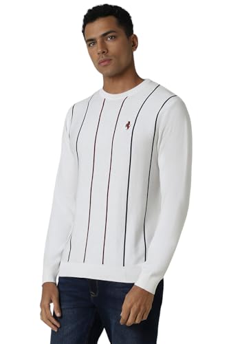 Van Heusen Men White Stripe Crew Neck Sweater