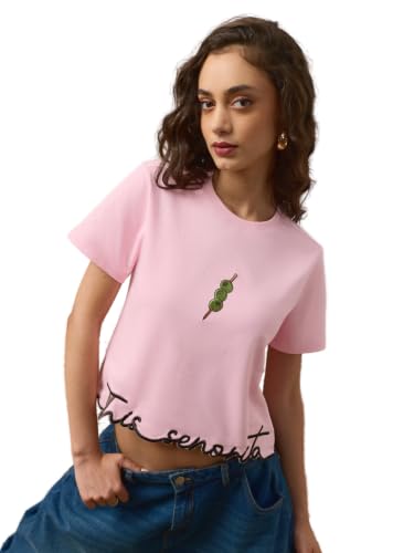 The Souled Store Senorita Women and Girls Short Sleeves Round Neck Pink Embroidered Cotton Regular Fit Lightweight Everyday T-Shirt for Casual Wear