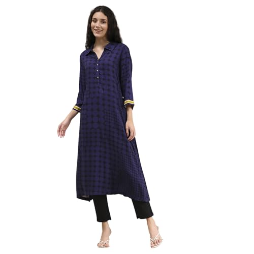 Biba Women's Viscose Printed Straight Kurta (JMWRZ30042AW25IND_Indigo Blue
